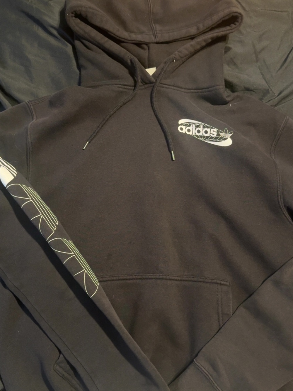adidas Black Hoodie with Neon-Green Sleeve Graphic